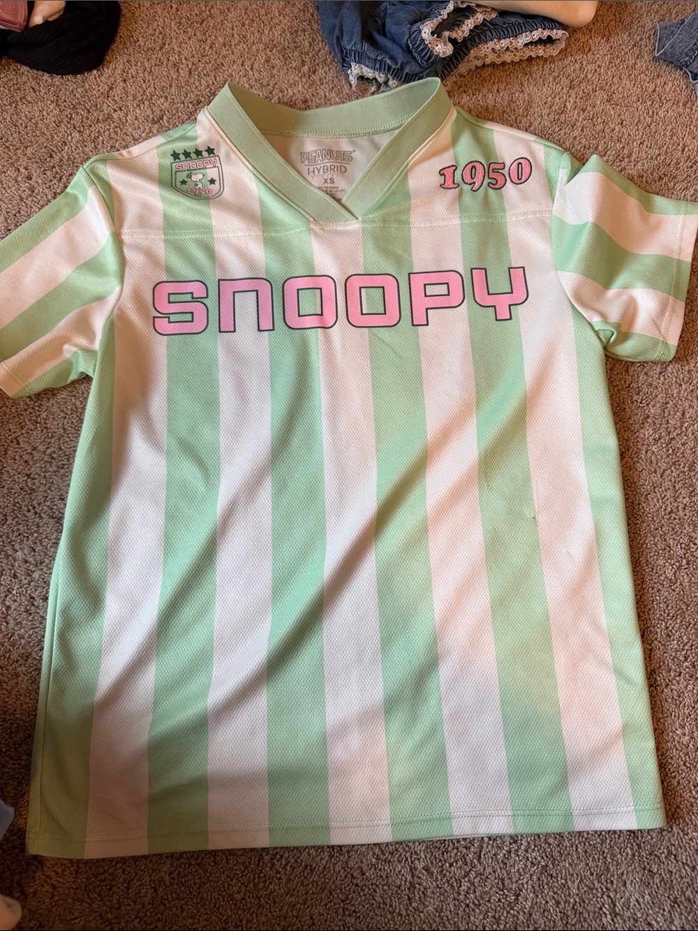 Snoopy Girls' Mint & White Stripe Soccer Jersey Juniors XS